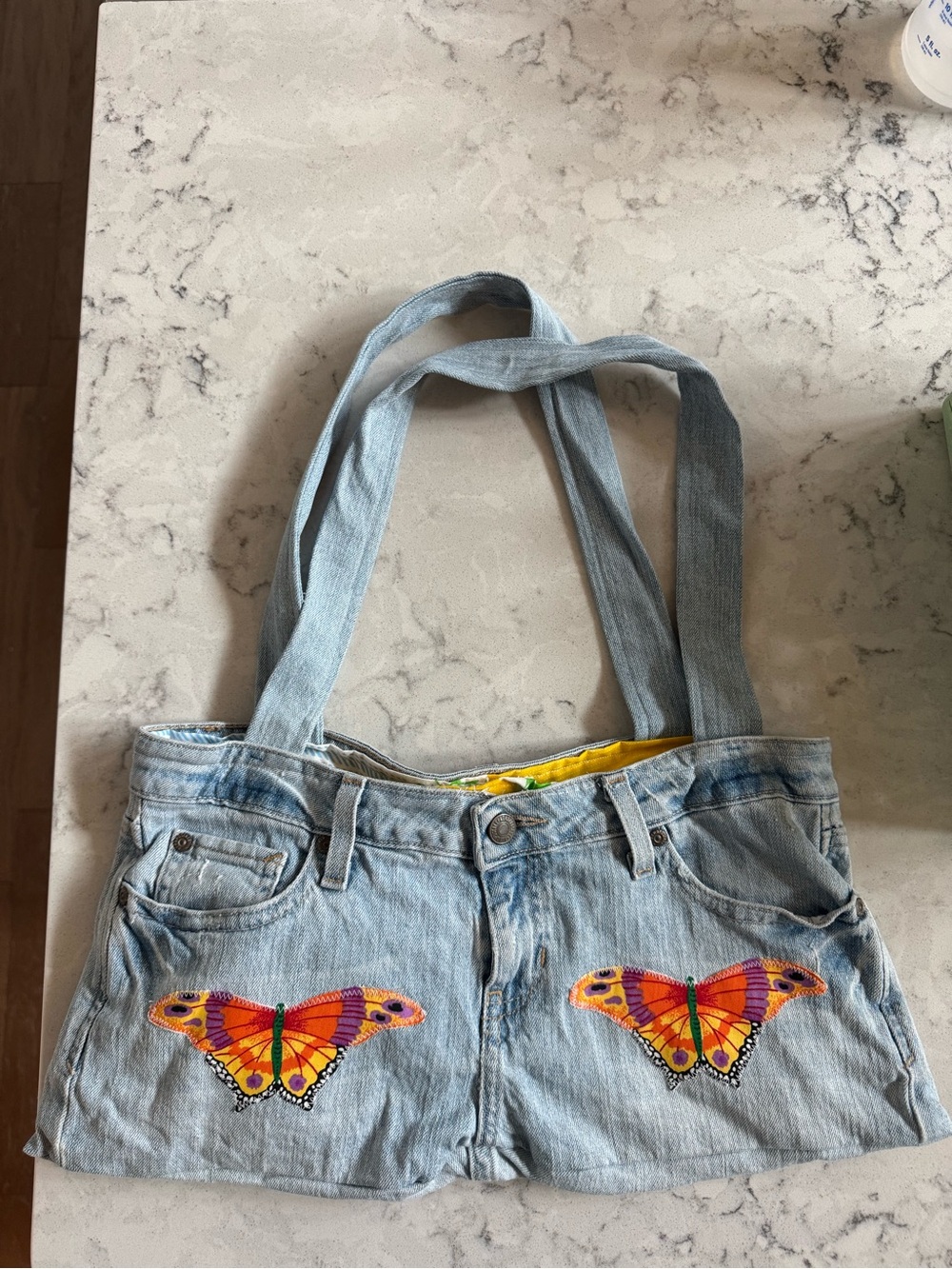 Light Blue Upcycled Jeans Denim Tote Bag with Butterfly Embroidery